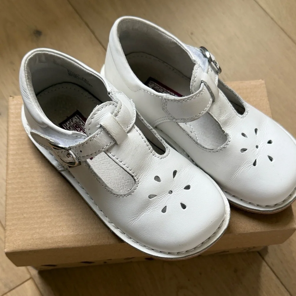 White Kids T-Strap Leather Shoes